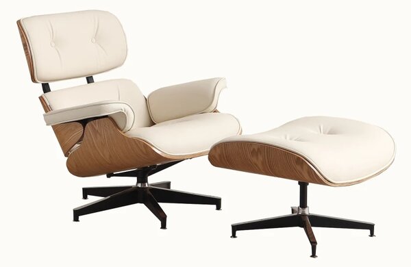 AVALON Accent Lounge Chair & Ottoman – Fotoliu Premium cu Taburet, Design Ergonomic, Piele Ecologică PU Premium, Furnir culoare Lemn Natural, Bază Pivotantă din Aluminiu, Alb