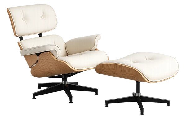 AVALON Accent Lounge Chair & Ottoman – Fotoliu Premium cu Taburet, Design Ergonomic, Piele Ecologică PU Premium, Furnir culoare Lemn Natural, Bază Pivotantă din Aluminiu, Alb