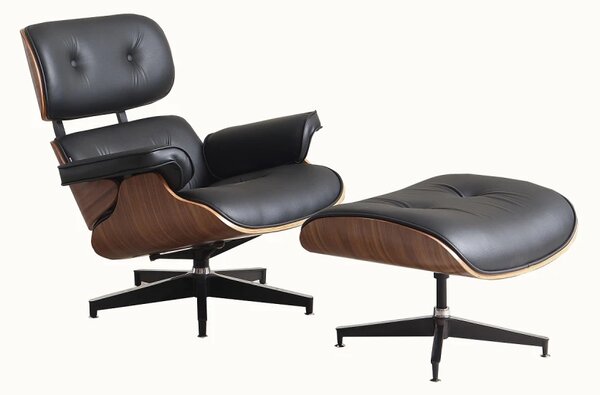 AVALON Accent Lounge Chair & Ottoman – Fotoliu Premium cu Taburet, Design Ergonomic, Piele Ecologică PU Premium, Furnir culoare Lemn Nuc, Bază Pivotantă din Aluminiu, Negru