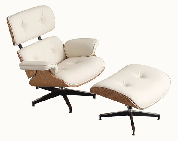 AVALON Accent Lounge Chair & Ottoman – Fotoliu Premium cu Taburet, Design Ergonomic, Piele Ecologică PU Premium, Furnir culoare Lemn Natural, Bază Pivotantă din Aluminiu, Alb