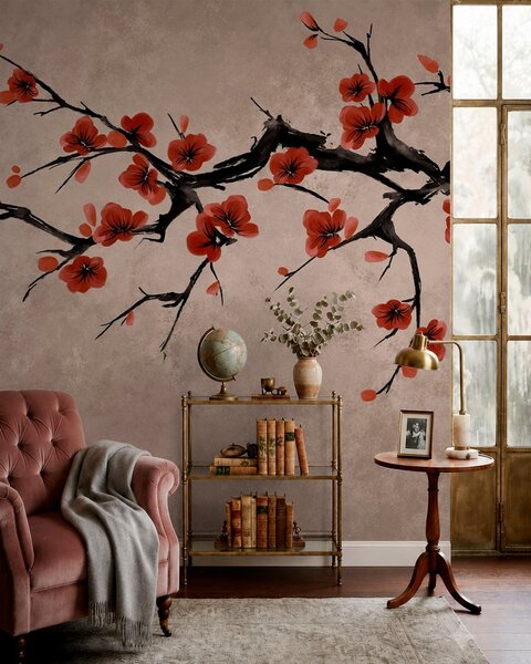 Tapet Ramură înflorită în stil oriental pe fundal bej, Fototapet Flori, w05425v4 : Uwalls.ro