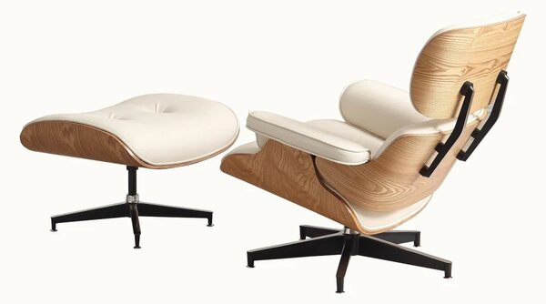 AVALON Accent Lounge Chair & Ottoman – Fotoliu Premium cu Taburet, Design Ergonomic, Piele Ecologică PU Premium, Furnir culoare Lemn Natural, Bază Pivotantă din Aluminiu, Alb