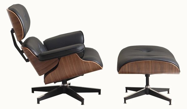 AVALON Accent Lounge Chair & Ottoman – Fotoliu Premium cu Taburet, Design Ergonomic, Piele Ecologică PU Premium, Furnir culoare Lemn Nuc, Bază Pivotantă din Aluminiu, Negru