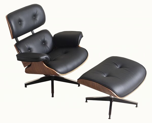 AVALON Accent Lounge Chair & Ottoman – Fotoliu Premium cu Taburet, Design Ergonomic, Piele Ecologică PU Premium, Furnir culoare Lemn Nuc, Bază Pivotantă din Aluminiu, Negru