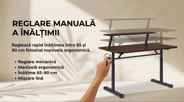ERGOLEV WX-007 – Birou Reglabil Manual cu Înălțime Ajustabilă 65–90 cm, Blat Monobloc din PAL de Înaltă Densitate 15 mm, Cadru Metalic din Oțel, Raft Superior Integrat, 100x60 cm, Walnut