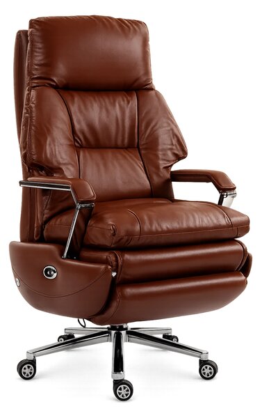 ELITE RECLINER SC1– Scaun Executiv Premium din Piele Naturală, Reclinabil electric, 2 Motoare, Suport pentru Picioare, Maro Inchis