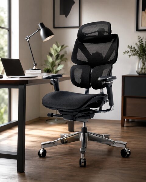 DeluxStar T2 ELITE PRO – Scaun Ergonomic Premium cu Suport Lombar Dual Dynamic 3D, Suspensie Air-Glide și Suport Complet Cervical – Spate – Lombar, Negru