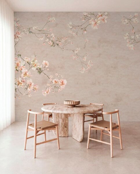 Tapet Ramuri florale delicate în stil chinoiserie pe un fundal deschis, Fototapet în stil vintage, w05427 : Uwalls.ro