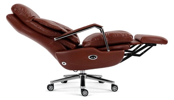 ELITE RECLINER SC1– Scaun Executiv Premium din Piele Naturală, Reclinabil electric, 2 Motoare, Suport pentru Picioare, Maro Inchis
