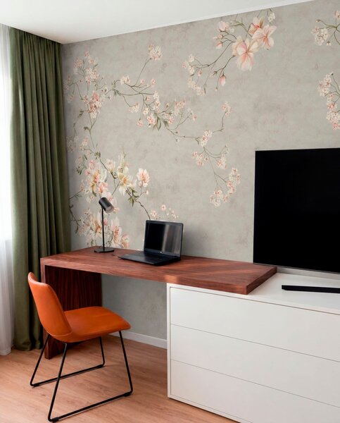 Tapet Ramuri florale în stil chinoiserie pe fundal gri, Fototapet în stil vintage, w05427v1 : Uwalls.ro