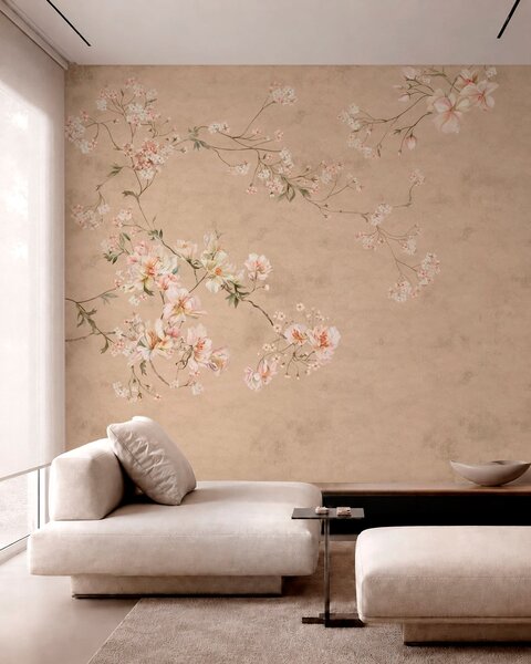 Tapet Ramuri florale în stil chinoiserie pe un fundal bej cald, Fototapet în stil vintage, w05427v2 : Uwalls.ro