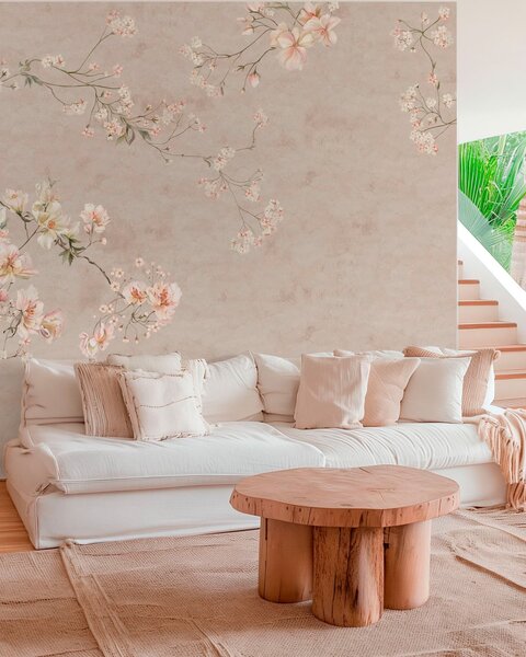 Tapet Ramuri florale delicate în stil chinoiserie pe un fundal deschis, Fototapet în stil vintage, w05427 : Uwalls.ro
