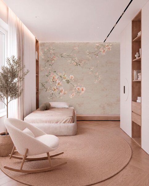 Tapet Ramuri florale delicate în stil chinoiserie pe un fundal deschis, Fototapet în stil vintage, w05427 : Uwalls.ro