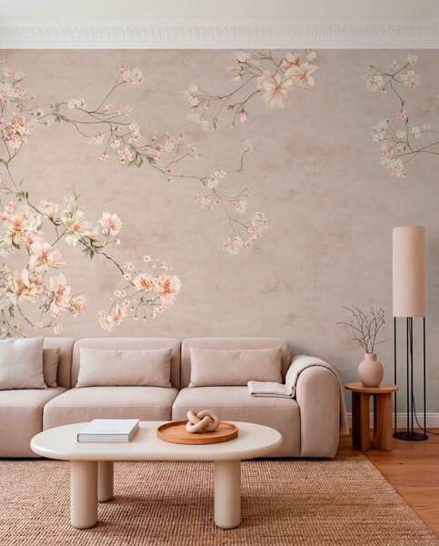Tapet Ramuri florale delicate în stil chinoiserie pe un fundal deschis, Fototapet în stil vintage, w05427 : Uwalls.ro