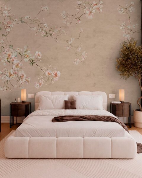Tapet Ramuri florale în stil chinoiserie pe un fundal bej cald, Fototapet în stil vintage, w05427v2 : Uwalls.ro