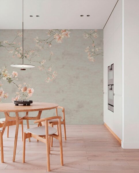 Tapet Ramuri florale în stil chinoiserie pe fundal gri, Fototapet în stil vintage, w05427v1 : Uwalls.ro