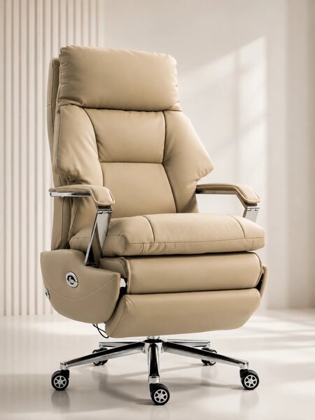 ELITE RECLINER SC1– Scaun Executiv Premium din Piele Naturală, Reclinabil electric, 2 Motoare, Suport pentru Picioare, Bej