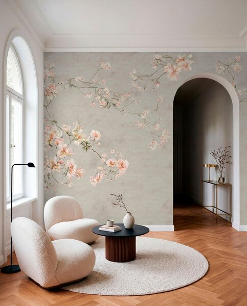 Tapet Ramuri florale în stil chinoiserie pe fundal gri, Fototapet în stil vintage, w05427v1 : Uwalls.ro