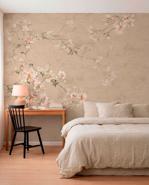 Tapet Ramuri florale în stil chinoiserie pe un fundal bej cald, Fototapet în stil vintage, w05427v2 : Uwalls.ro