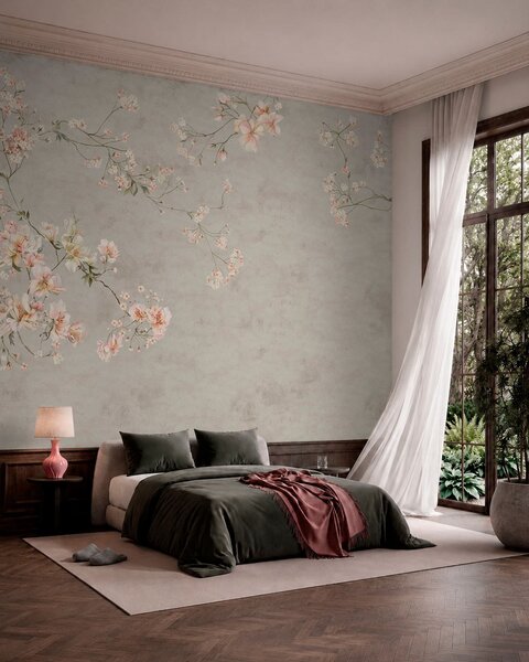 Tapet Ramuri florale în stil chinoiserie pe fundal gri, Fototapet în stil vintage, w05427v1 : Uwalls.ro