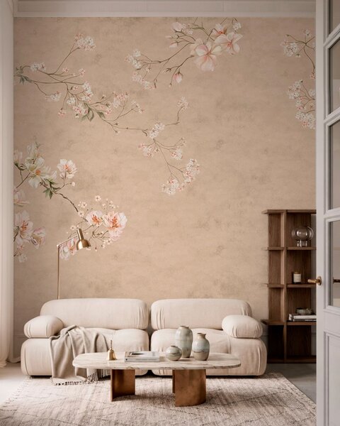 Tapet Ramuri florale în stil chinoiserie pe un fundal bej cald, Fototapet în stil vintage, w05427v2 : Uwalls.ro