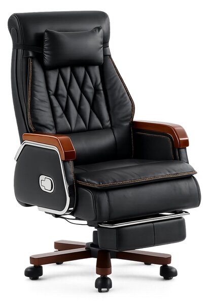 EXECUTIVE PRIME 8206B – Scaun directorial din piele naturala si lemn , Masaj in 9 puncte si Incalzire, rezistent 150 kg, Negru