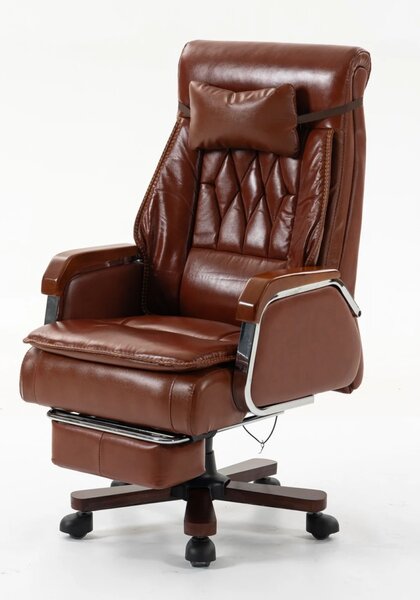 EXECUTIVE PRIME 8206B – Scaun directorial din piele naturala si lemn , Masaj in 9 puncte si Incalzire, rezistent 150 kg, Maro Inchis