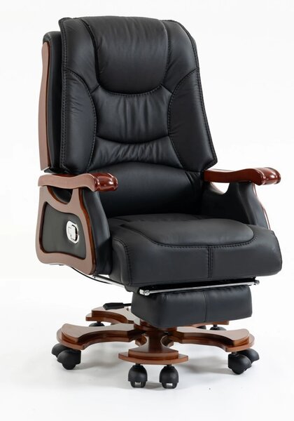 EXECUTIVE COMFORT 8007 – Scaun directorial din piele naturala si lemn masiv, Masaj in 9 puncte si Incalzire, rezistent 150 kg, Negru