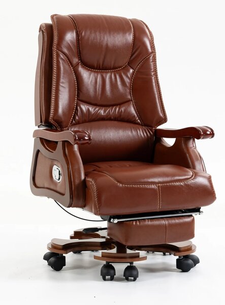 EXECUTIVE COMFORT 8007 –Scaun directorial din piele naturala si lemn masiv, Masaj in 9 puncte si Incalzire, rezistent 150 kg, Maro Inchis