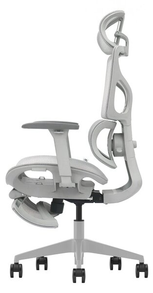 VERTEX PRO – Scaun Ergonomic Premium, Suport Lombar Dublu cu arc și reglaj al tensiunii, Cotiere 3D, Tetieră reglabilă, Șezut Glisant, Suport pentru picioare extensibil, Gri