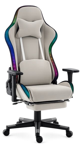 Scaun Gaming cu Masaj 7 Puncte și Încălzire, RGB, Iluminare LED Multicolor, Telecomenzi, Cotiere 3D, Reclinare 180°, Suport Picioare, Catifea, Gri