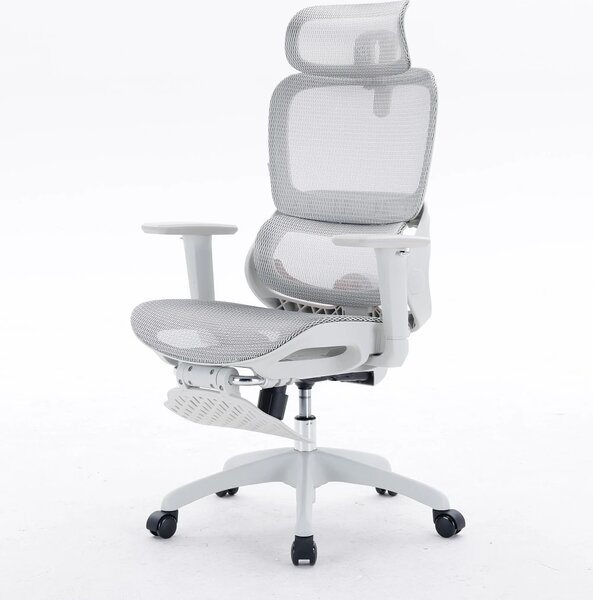 Scaun ergonomic SIHOO B100, Suport lombar dinamic cu ajustare automata, Cotiere 4D, Tetiera 3D, Mecanism multifunctional inclinare/blocare in 3 pozitii, Suport picioare, Mesh, Gri