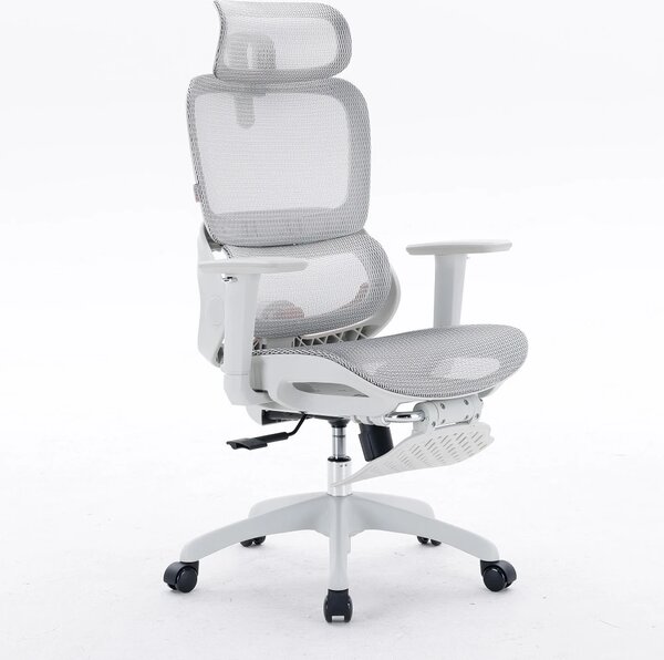 Scaun ergonomic SIHOO B100, Suport lombar dinamic cu ajustare automata, Cotiere 4D, Tetiera 3D, Mecanism multifunctional inclinare/blocare in 3 pozitii, Suport picioare, Mesh, Gri
