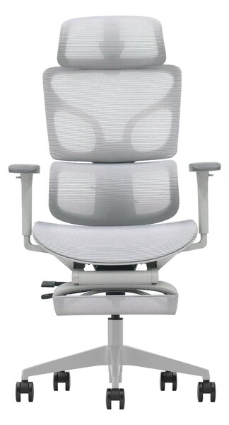 VERTEX PRO – Scaun Ergonomic Premium, Suport Lombar Dublu cu arc și reglaj al tensiunii, Cotiere 3D, Tetieră reglabilă, Șezut Glisant, Suport pentru picioare extensibil, Gri