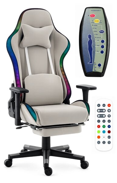 Scaun Gaming cu Masaj 7 Puncte și Încălzire, RGB, Iluminare LED Multicolor, Telecomenzi, Cotiere 3D, Reclinare 180°, Suport Picioare, Catifea, Gri