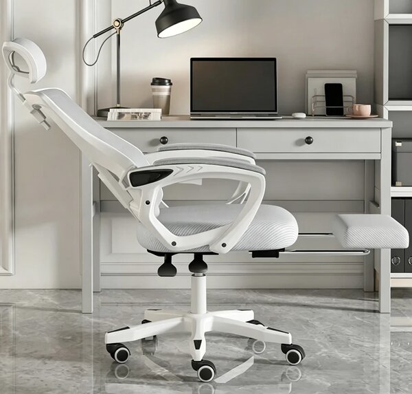 Scaun ergonomic cu suport lombar, pivotant 360°, tetieră reglabilă, suport pentru picioare, Mesh, Alb/Gri