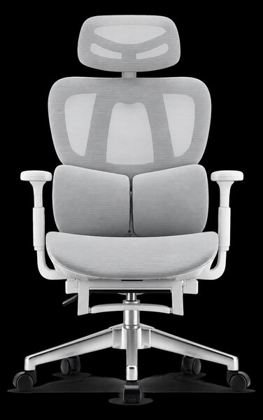 MILANO E06 Executive – Scaun Ergonomic cu Suport Lombar Reglabil în 2 Trepte, Tetieră Reglabilă, Cotiere 3D, Reclinare 135°, Suport pentru Picioare și Bază Metalică, Mesh, Gri