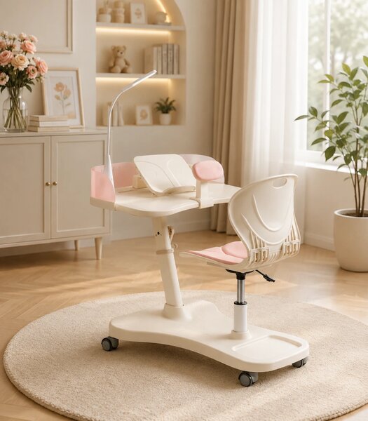 SmartStudy ErgoPro Kids – Set Birou și Scaun Ergonomic pentru Copii, Reglabile pe înălțime, cu Lampă LED Integrată, Suport Reglabil pentru Carte și Tabletă, Spătar Rabatabil, Roți Inteligente Gravity Lock, Roz