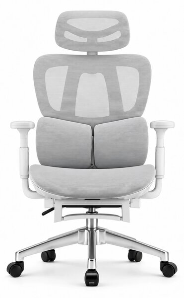 MILANO E06 Executive – Scaun Ergonomic cu Suport Lombar Reglabil în 2 Trepte, Tetieră Reglabilă, Cotiere 3D, Reclinare 135°, Suport pentru Picioare și Bază Metalică, Mesh, Gri