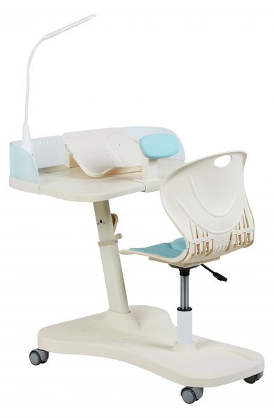 SmartStudy ErgoPro Kids – Set Birou și Scaun Ergonomic pentru Copii, Reglabile pe înălțime, cu Lampă LED Integrată, Suport Reglabil pentru Carte și Tabletă, Spătar Rabatabil, Roți Inteligente Gravity Lock, Albastru
