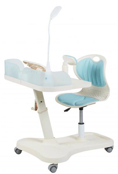 SmartStudy ErgoPro Kids – Set Birou și Scaun Ergonomic pentru Copii, Reglabile pe înălțime, cu Lampă LED Integrată, Suport Reglabil pentru Carte și Tabletă, Spătar Rabatabil, Roți Inteligente Gravity Lock, Albastru