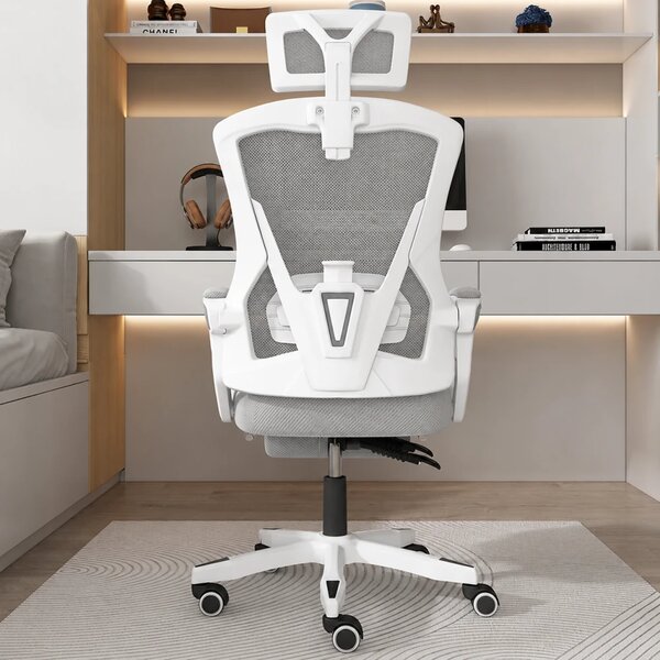 Scaun ergonomic cu suport lombar, pivotant 360°, tetieră reglabilă, suport pentru picioare, Mesh, Alb/Gri