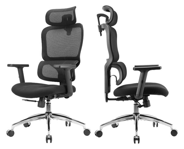 Scaun ergonomic SIHOO M56C-V2-M101, Suport Lombar Dinamic în Formă S, Tetieră Reglabilă 2D, Cotiere Ajustabile, Mecanism Synchro-Tilt, Bază Metalică Cromată, Mesh, Negru
