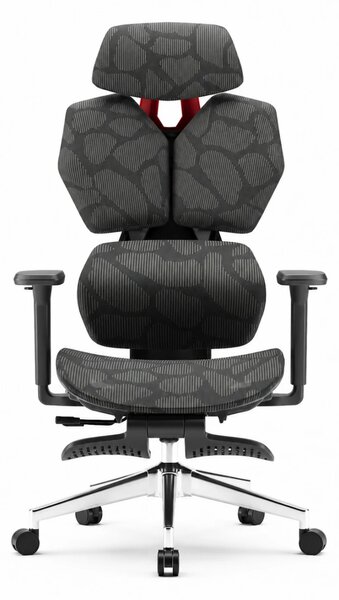 PORTO E04 Pro Executive – Scaun Ergonomic cu Suport Lombar Ajustabil, Tetieră Reglabilă, Cotiere 3D, Șezut Extensibil, Înclinare 135°, Suport pentru Picioare și Bază Metalică, Mesh, Negru