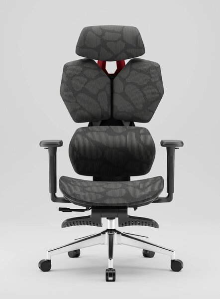 PORTO E04 Pro Executive – Scaun Ergonomic cu Suport Lombar Ajustabil, Tetieră Reglabilă, Cotiere 3D, Șezut Extensibil, Înclinare 135°, Suport pentru Picioare și Bază Metalică, Mesh, Negru