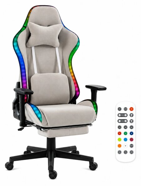 Scaun Gaming cu RGB, Iluminare LED Multicolor, Telecomanda, Cotiere 3D, Reclinare 180°, Suport Picioare, Catifea, Gri