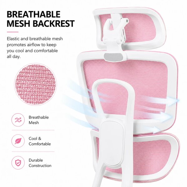 Scaun Ergonomic Premium cu Suport pentru Picioare, Reclinare 145°, Tetieră Reglabilă, Cotiere 3D, Suport Lombar Elastic și Șezut cu adâncime reglabilă, Roz