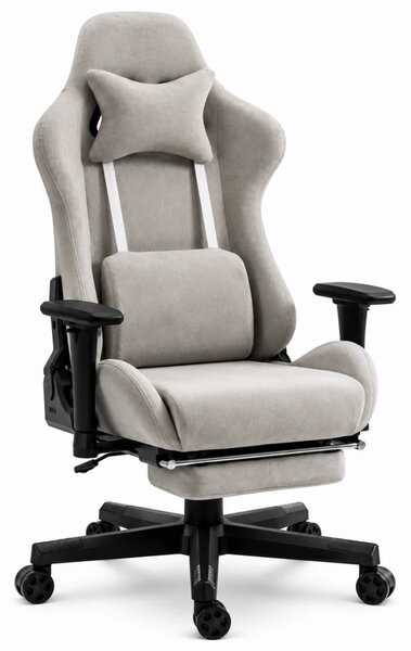 Scaun Gaming cu Masaj 7 Puncte și Încălzire, Telecomanda, Cotiere 3D, Reclinare 180°, Suport Picioare, Catifea, Gri