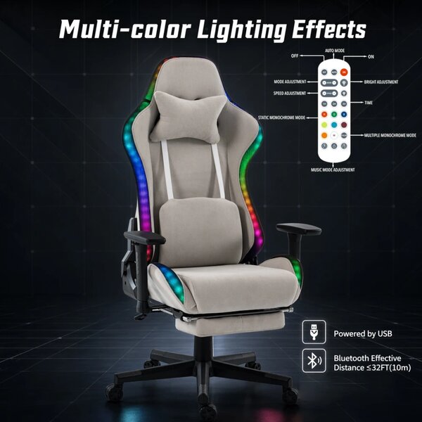 Scaun Gaming cu RGB, Iluminare LED Multicolor, Telecomanda, Cotiere 3D, Reclinare 180°, Suport Picioare, Catifea, Gri