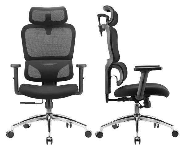 Scaun ergonomic SIHOO M56C-V2-M101, Suport Lombar Dinamic în Formă S, Tetieră Reglabilă 2D, Cotiere Ajustabile, Mecanism Synchro-Tilt, Bază Metalică Cromată, Mesh, Negru
